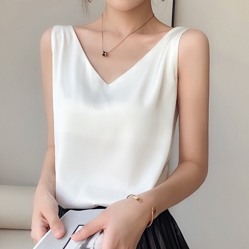 Top de cetim feminino sem mangas e com decote em V – estilo elegante de verão para o escritório e para a noite