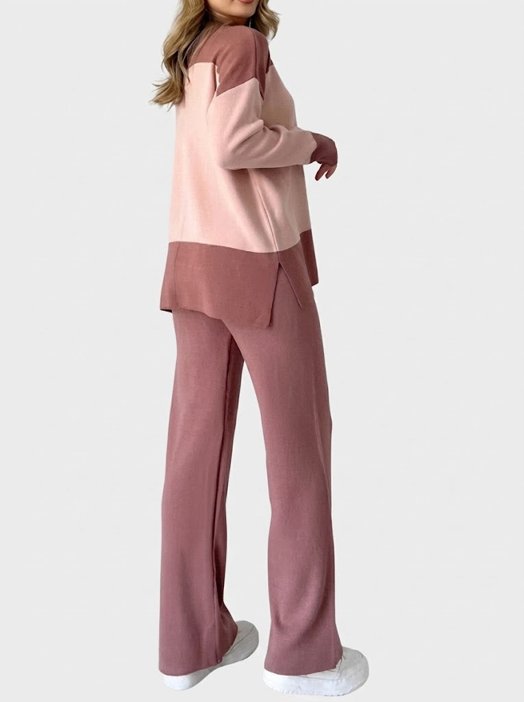 Damen-Strick-Zweiteiler im Colour-Block-Design – Langarmtop mit Stehkragen und Hose mit weitem Bein für legere Looks