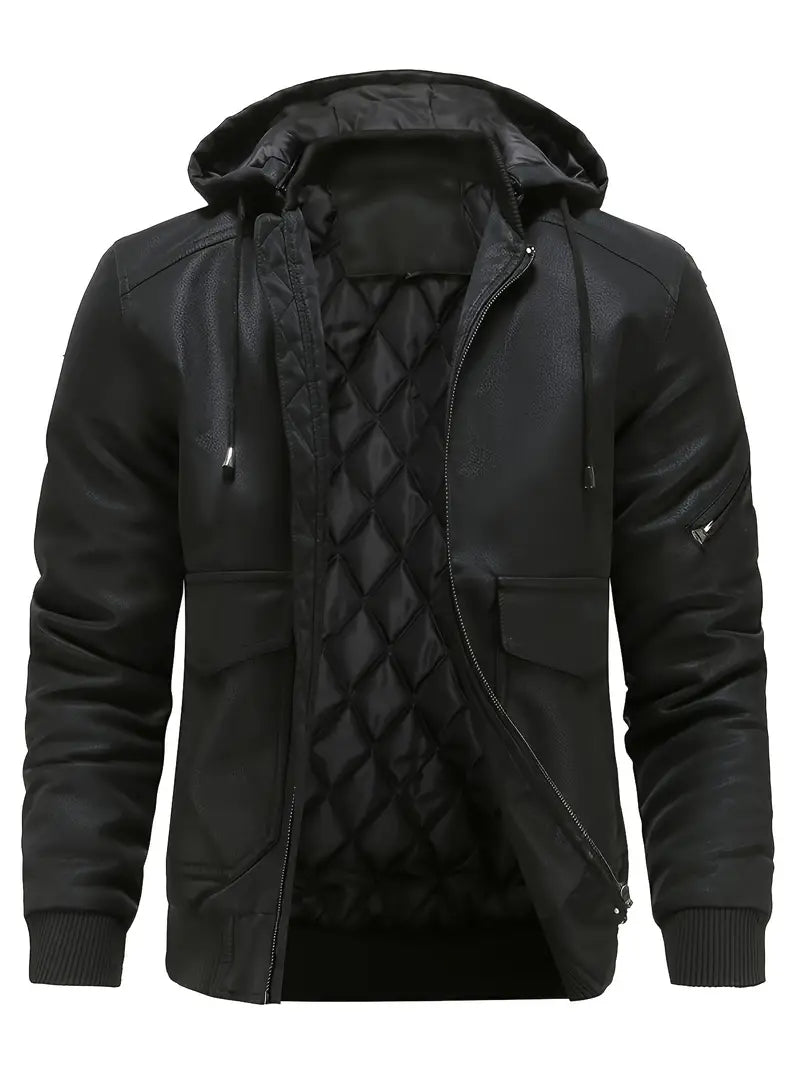 Men’s Hooded Leather-Style Winter Jacket – Quilted Lined Zip-Up Layer for Casual Everyday City Wear Autumn Winter Outfits and Cold-Weather Styling