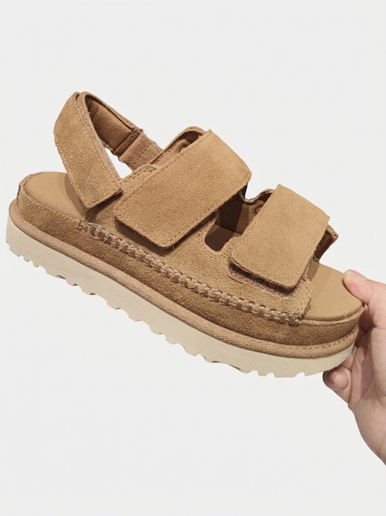 Women’s Genuine Suede Leather Platform Sandals – Adjustable Touch-Strap Open-Toe Walking Shoes for Summer and Everyday Casual Wear