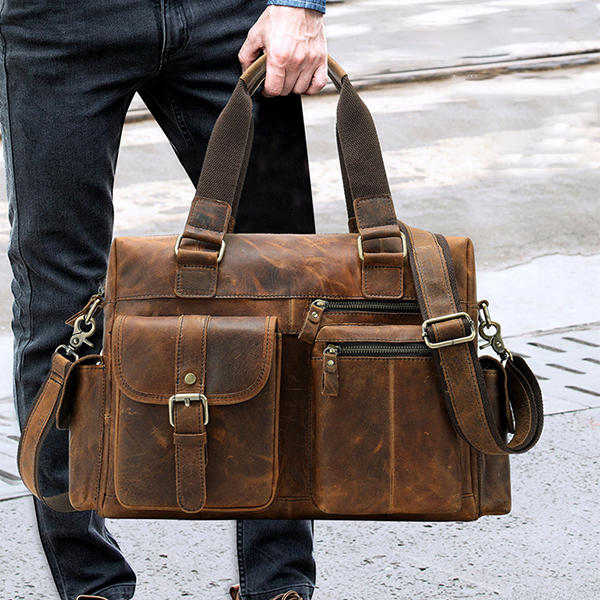 Men’s Vintage Leather Briefcase – Multi-Pocket Business Handbag with Detachable Shoulder Strap
