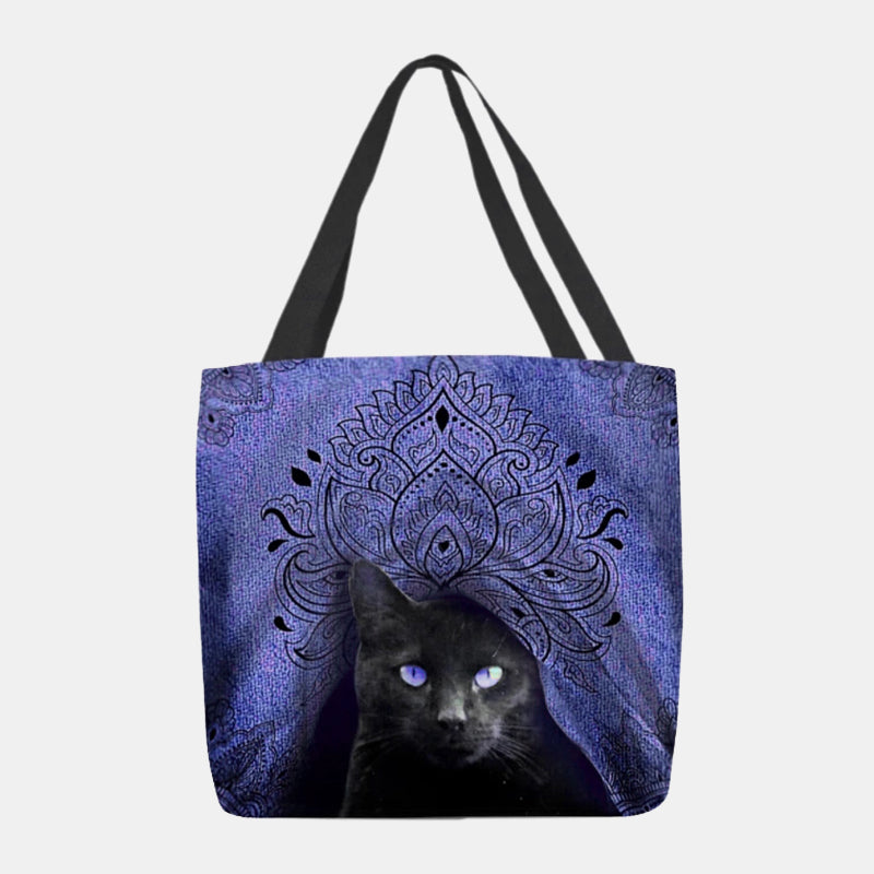Canvas-taske med kattemotiv til kvinder – rummelig, afslappet shopper-skuldertaske med lange bærehåndtag