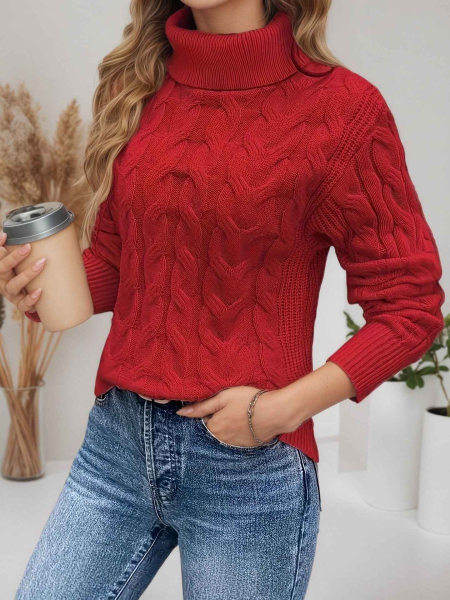 Kabelstrikket rullekravesweater til kvinder – Strukturstrik med lange ærmer til køligere dage
