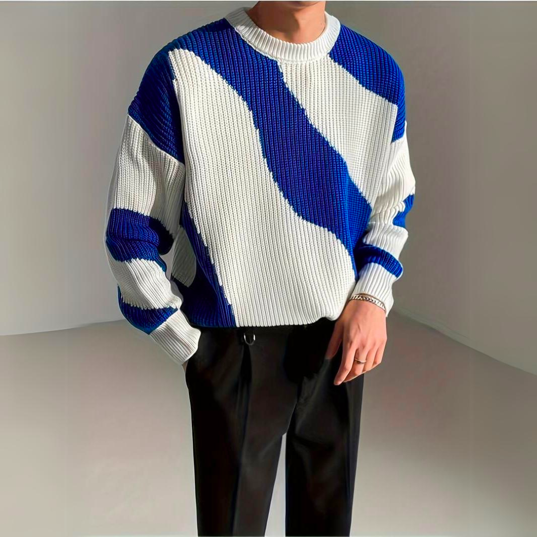 Men’s Luxury Knitted Jumper with Colour Block Wave Pattern Comfortable Warm Casual Everyday Sweater