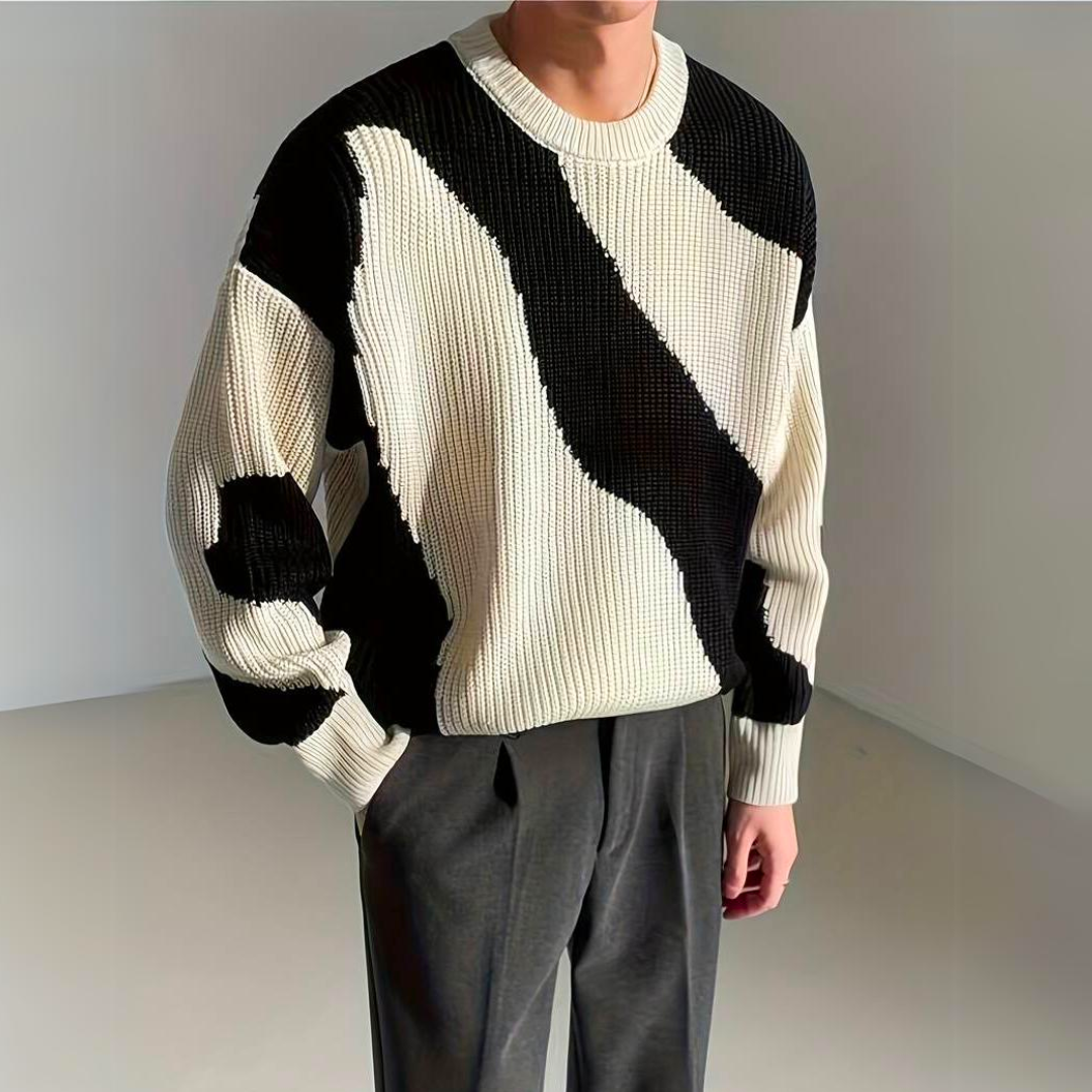 Maglione Uomo di Lusso in Maglia con Motivo a Onde a Blocchi di Colore Maglione Casual Confortevole, Caldo e Quotidiano