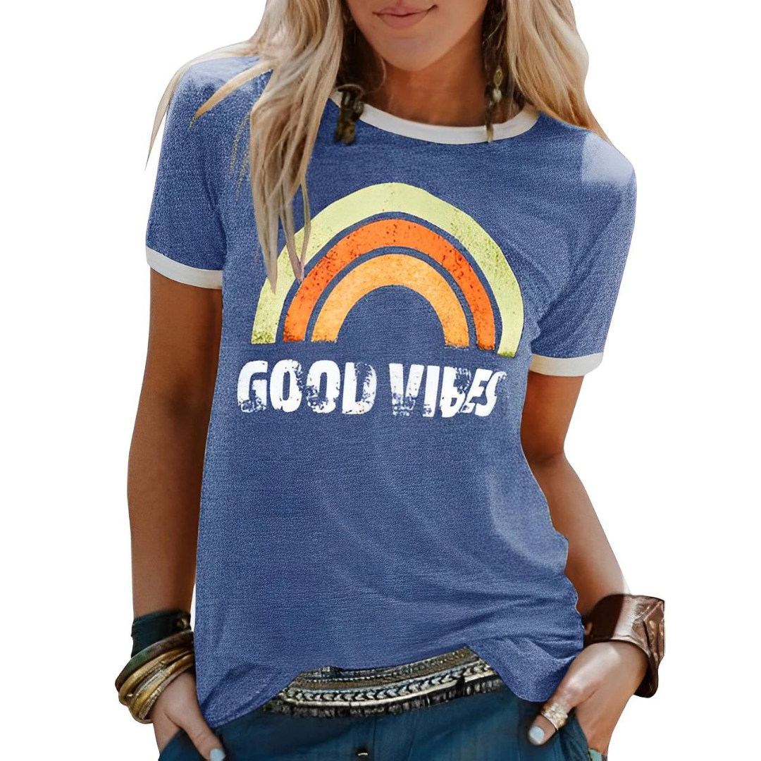 T-shirt Donna con Grafica Arcobaleno, Vibe Positivo, Girocollo, Casual, Confortevole, Manica Corta, Top Quotidiano
