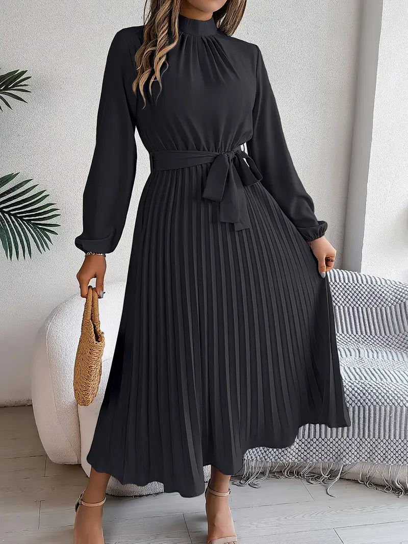 Women’s Pleated Midi Dress with High Neck Tie Waist