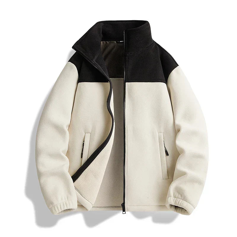 Men’s Colour-Block Fleece Zip-Up Jacket – High-Collar Relaxed Style for Everyday City Wear Outdoor Walks and Cool-Weather Layering