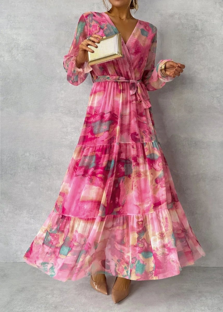 Women’s Printed Wrap Maxi Dress – Belted Long-Sleeve Style for Summer Events