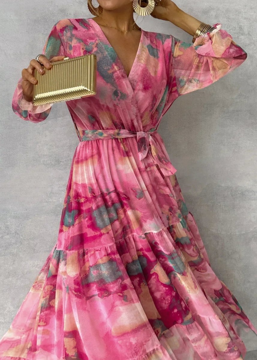 Women’s Printed Wrap Maxi Dress – Belted Long-Sleeve Style for Summer Events