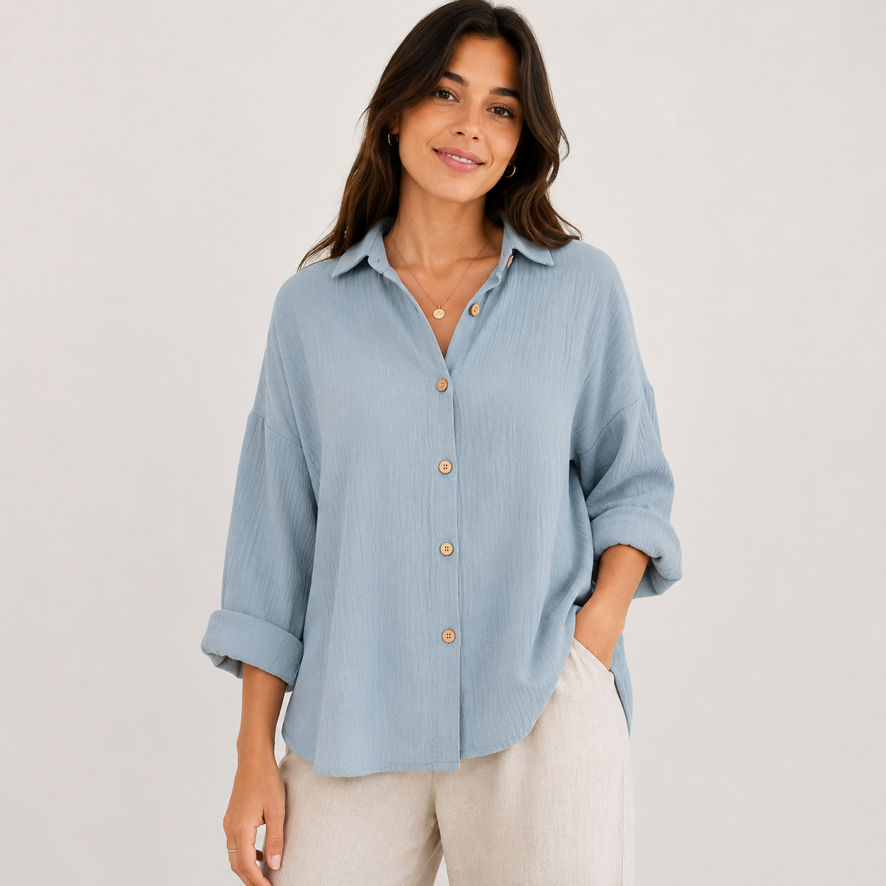 Women’s Relaxed Linen-Look Shirt Blouse – Lightweight Button-Up for Smart Casual Wear