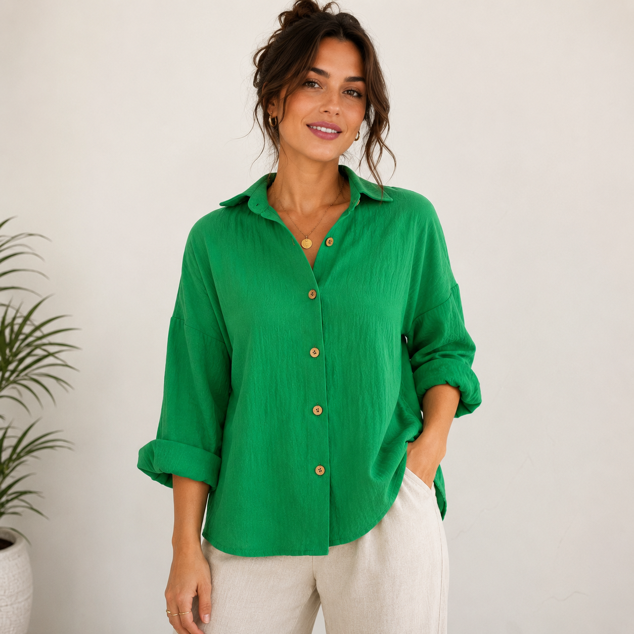 Women’s Relaxed Linen-Look Shirt Blouse – Lightweight Button-Up for Smart Casual Wear