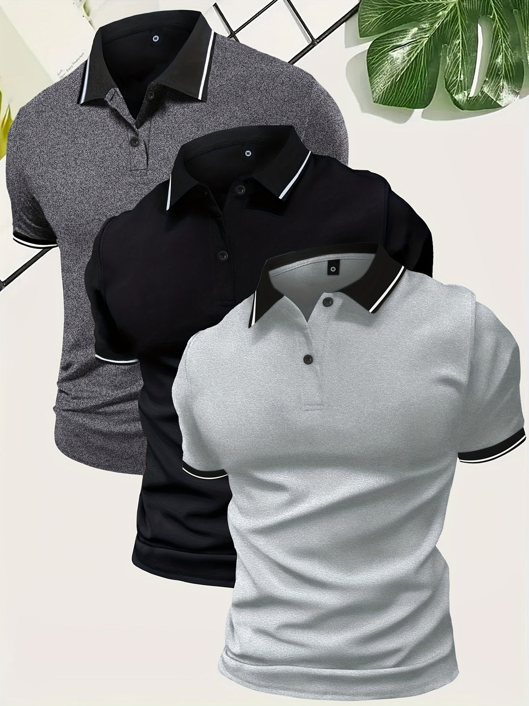 Men’s Contrast Collar Slim Fit Short Sleeve Polo Shirts 3 in 1