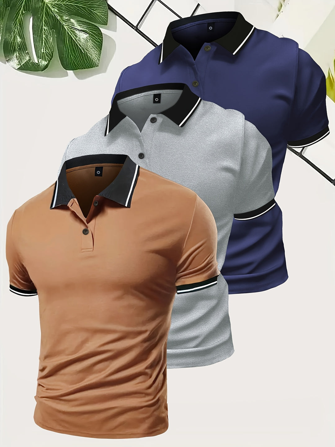 Men’s Contrast Collar Slim Fit Short Sleeve Polo Shirts 3 in 1