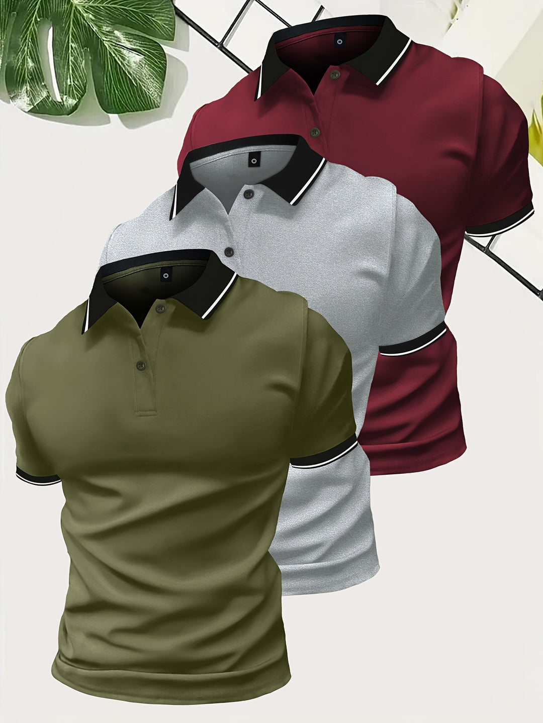 Men’s Contrast Collar Slim Fit Short Sleeve Polo Shirts 3 in 1