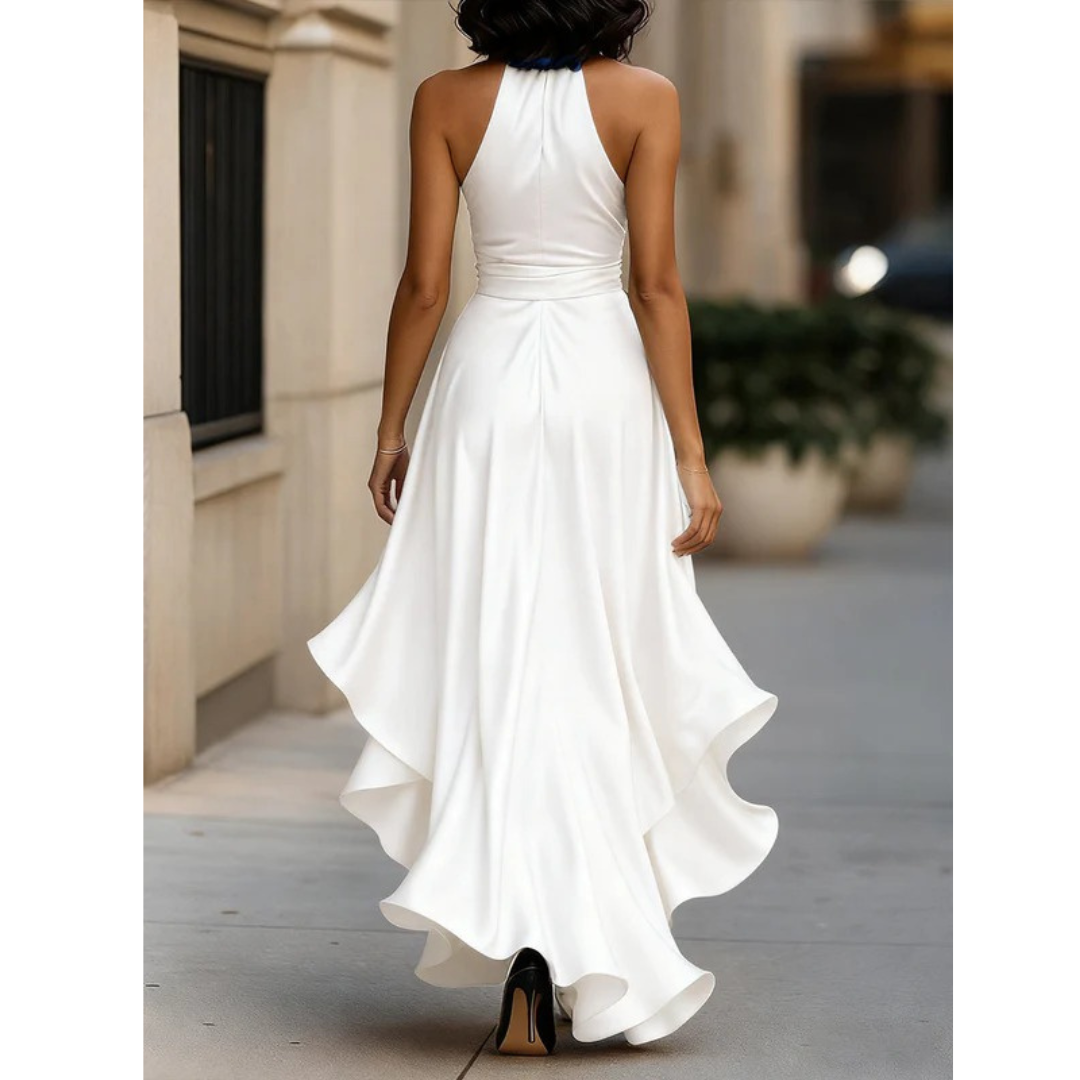 Naisten halterneck-maksimekko – laskeutuva häävieraan puku röyhelöhelmalla