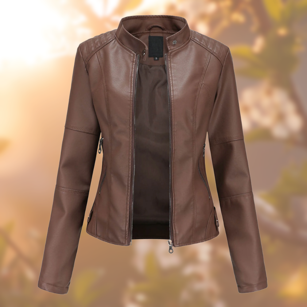 Chaqueta de estilo motero efecto piel para mujer, con cuello alto y bolsillos con cremallera - chaqueta corta entallada para looks de diario y de noche