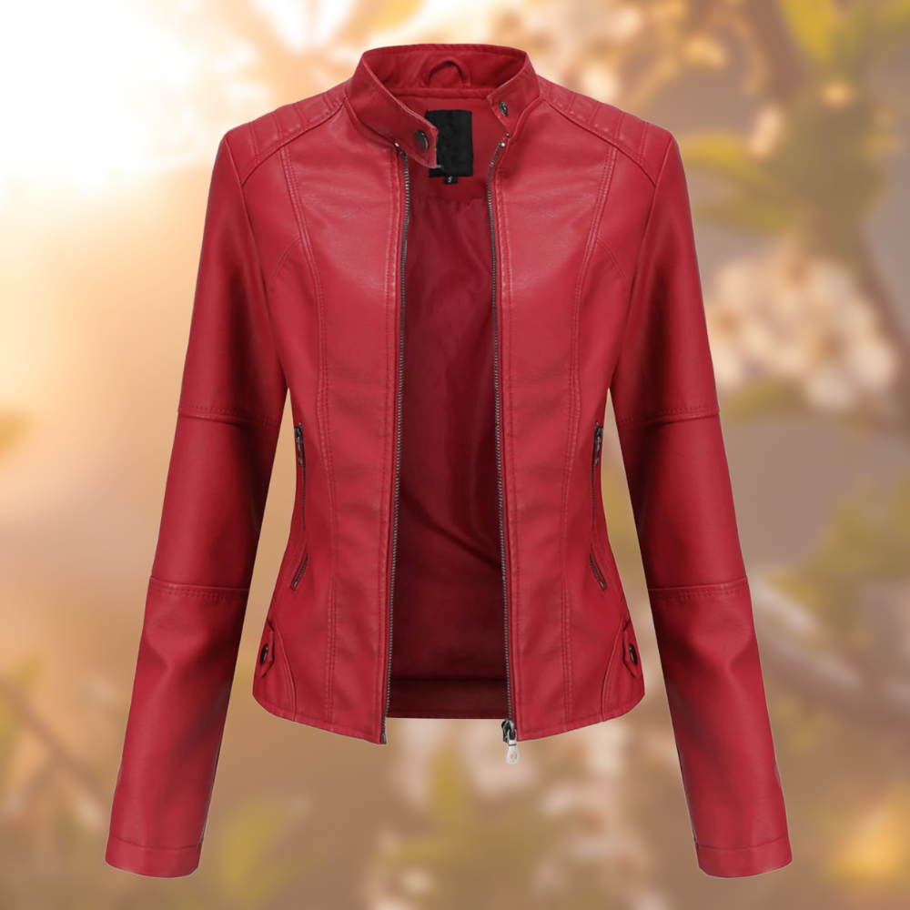 Chaqueta de estilo motero efecto piel para mujer, con cuello alto y bolsillos con cremallera - chaqueta corta entallada para looks de diario y de noche