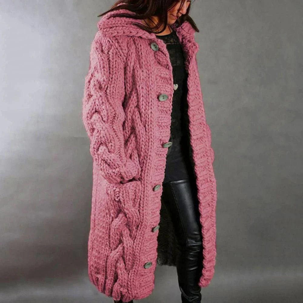 Women’s Long Cable Knit Cardigan – Chunky Hooded Winter Layer with Pockets