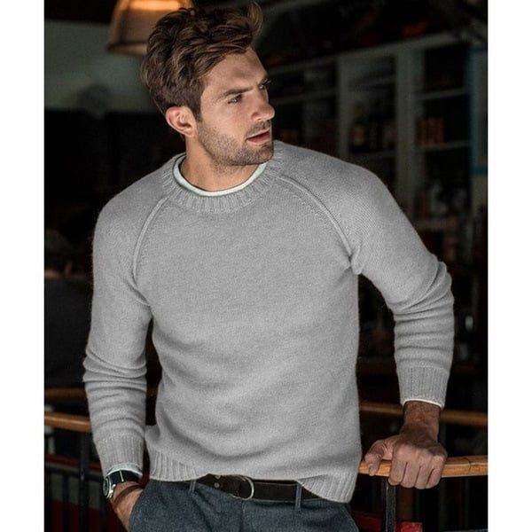 Finstrikket sweater til mænd med rund hals - Afslappet pullover med lange ærmer og ribkanter til hverdagslag-på-lag-styling