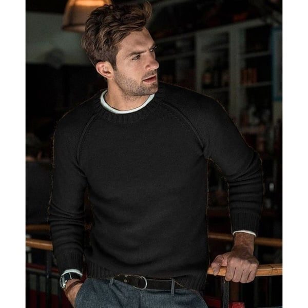 Finstrikket sweater til mænd med rund hals - Afslappet pullover med lange ærmer og ribkanter til hverdagslag-på-lag-styling