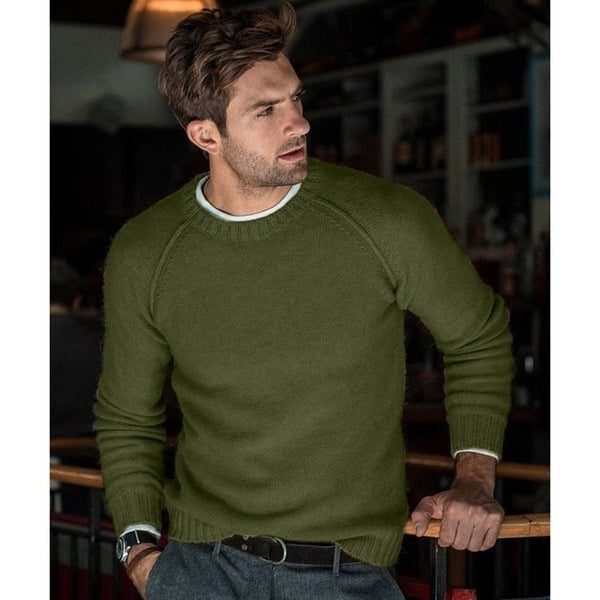 Finstrikket sweater til mænd med rund hals - Afslappet pullover med lange ærmer og ribkanter til hverdagslag-på-lag-styling
