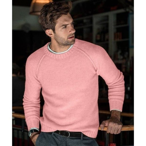 Finstrikket sweater til mænd med rund hals - Afslappet pullover med lange ærmer og ribkanter til hverdagslag-på-lag-styling
