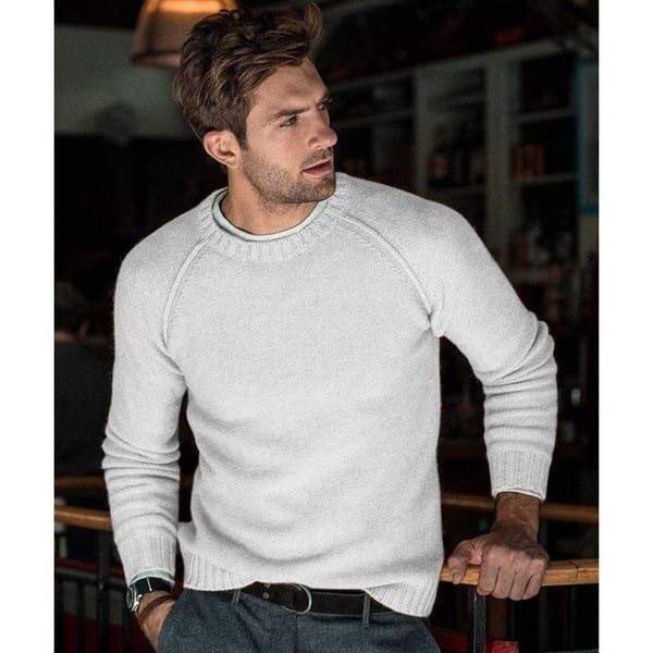 Finstrikket sweater til mænd med rund hals - Afslappet pullover med lange ærmer og ribkanter til hverdagslag-på-lag-styling