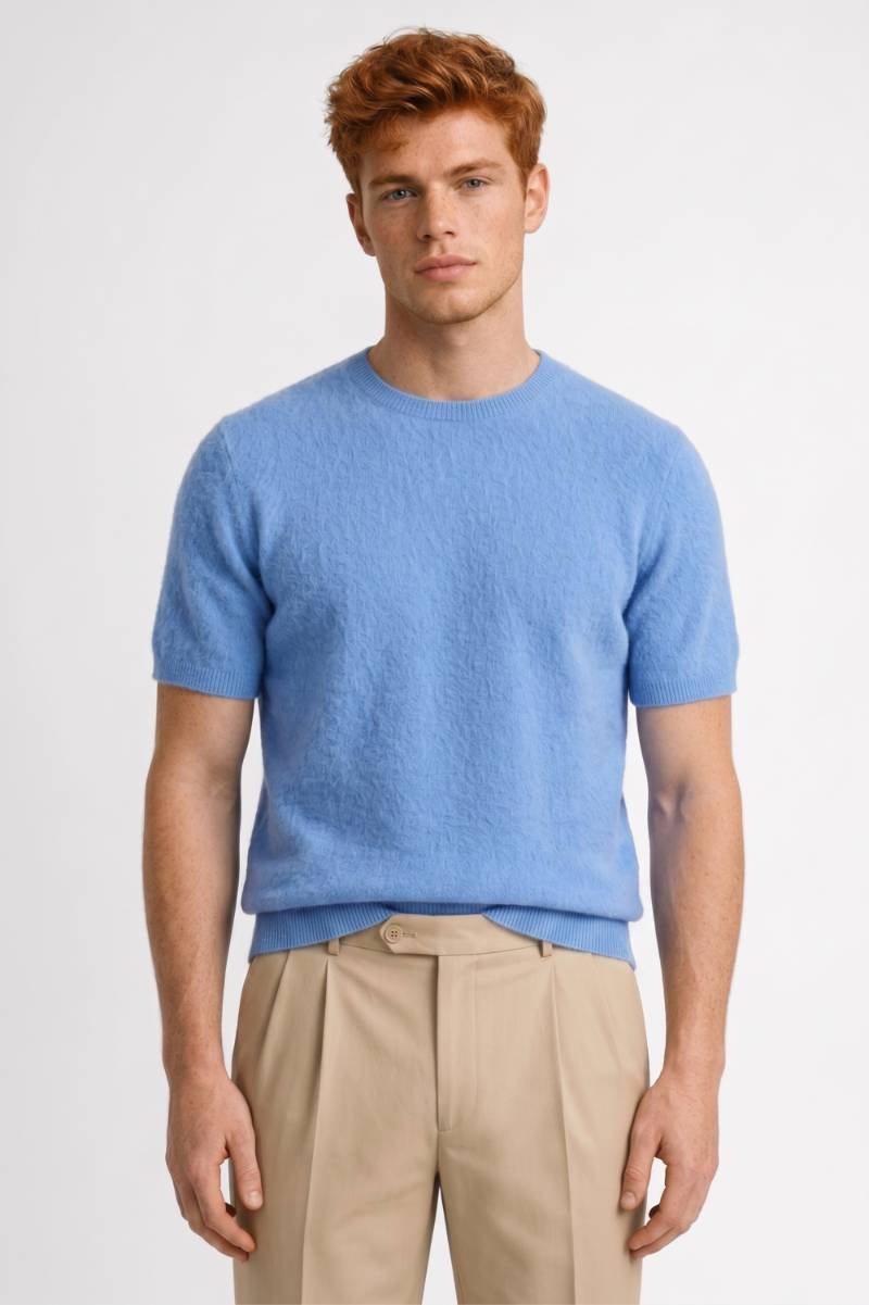 Herre strikket T-shirt med rund hals og ribkanter