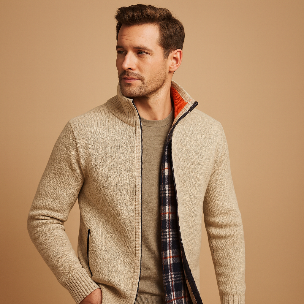 Gefütterte Strickjacke für Herren mit Reißverschluss und Stehkragen – Warme Schicht mit Reißverschlusstaschen für Herbst und Winter