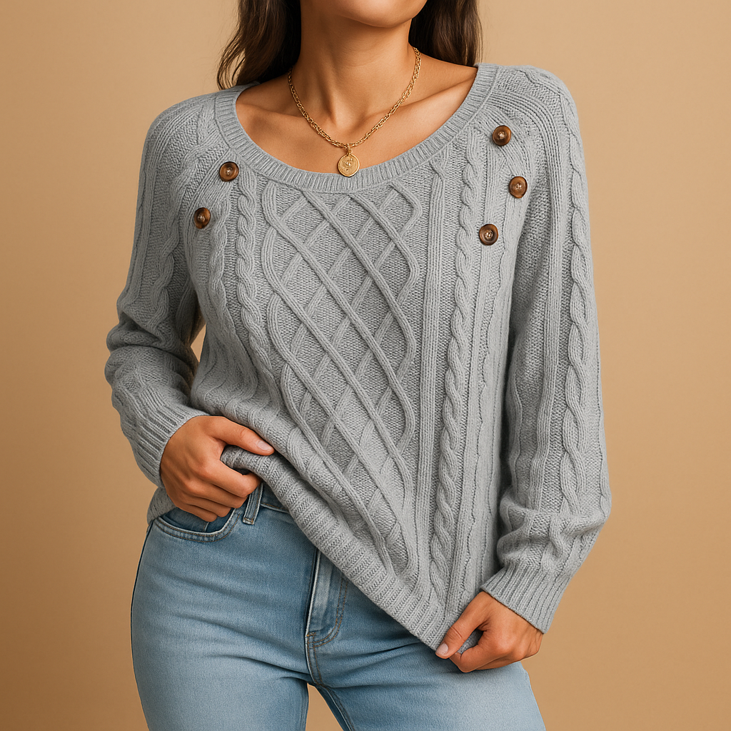 Kabelstrikket sweater til kvinder med dekorative knapper – afslappet lag med lange ærmer til efterår og vinter