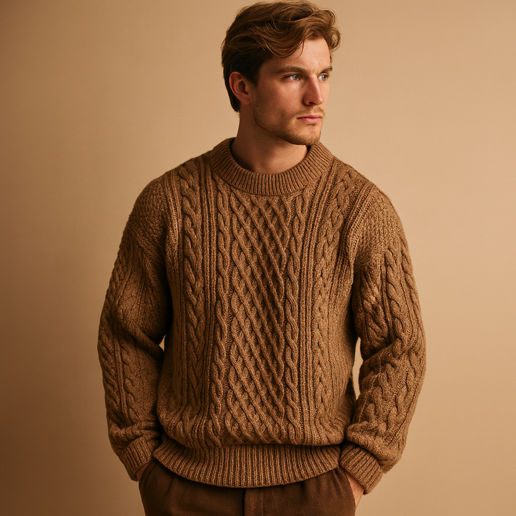Kraftig kabelstrikket sweater til mænd - løstsiddende lag med rund hals til afslappet efterårs- og vinterbrug