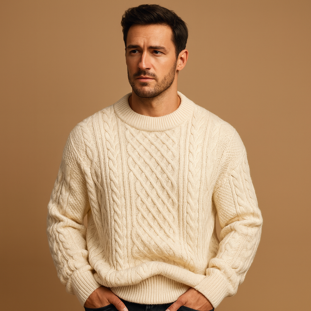 Kraftig kabelstrikket sweater til mænd - løstsiddende lag med rund hals til afslappet efterårs- og vinterbrug