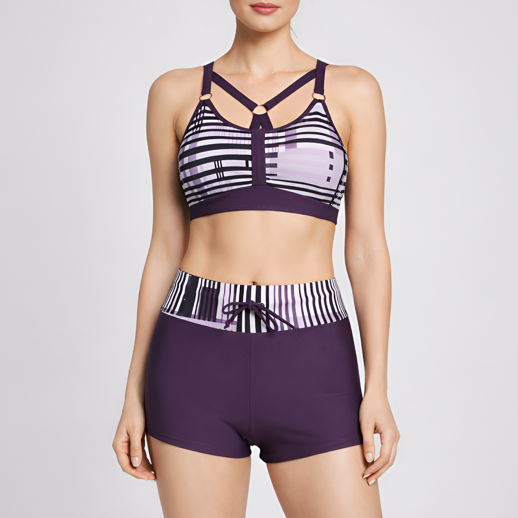 Set bikini donna con supporto, pantaloncini a vita alta, due pezzi