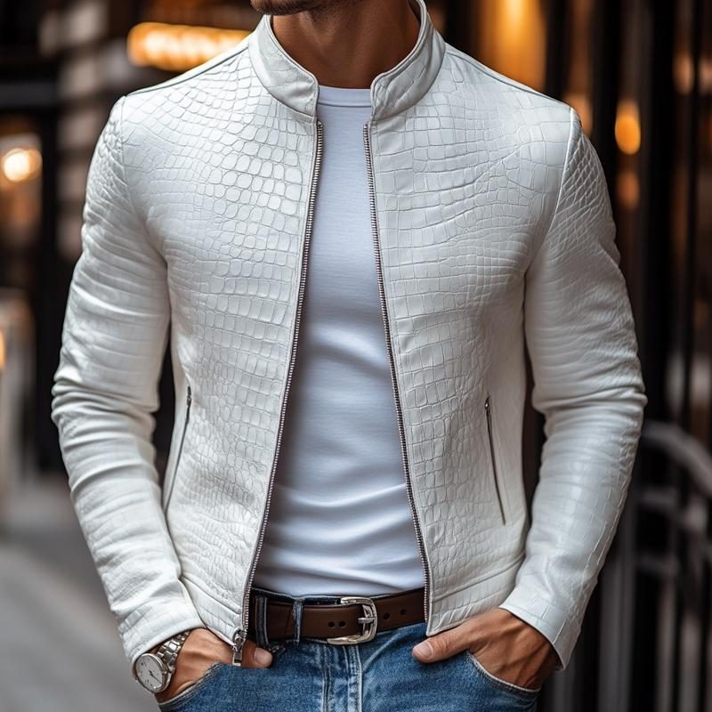 Giacca da uomo in pelle effetto coccodrillo - Giacca da motociclista con colletto rialzato, chiusura con cerniera e tasche con zip, per un look casual elegante
