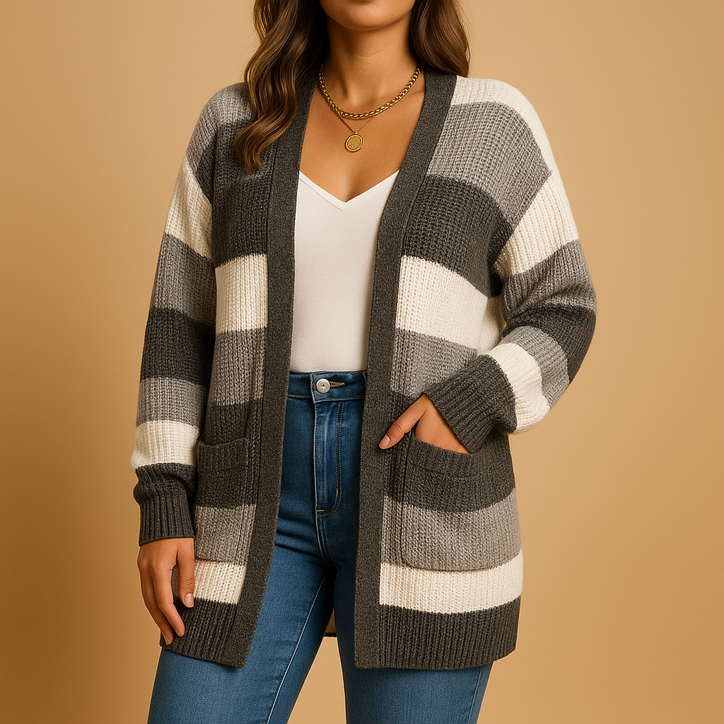 Cardigã comprido estampado de malha de mulher – Camada descontraída aberta à frente, com bolsos, para o outono e o inverno
