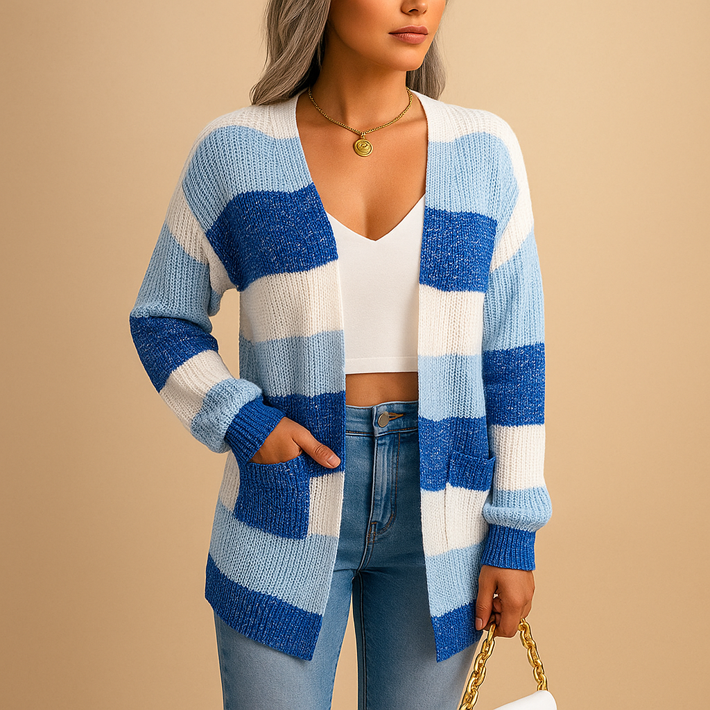 Cardigã comprido estampado de malha de mulher – Camada descontraída aberta à frente, com bolsos, para o outono e o inverno