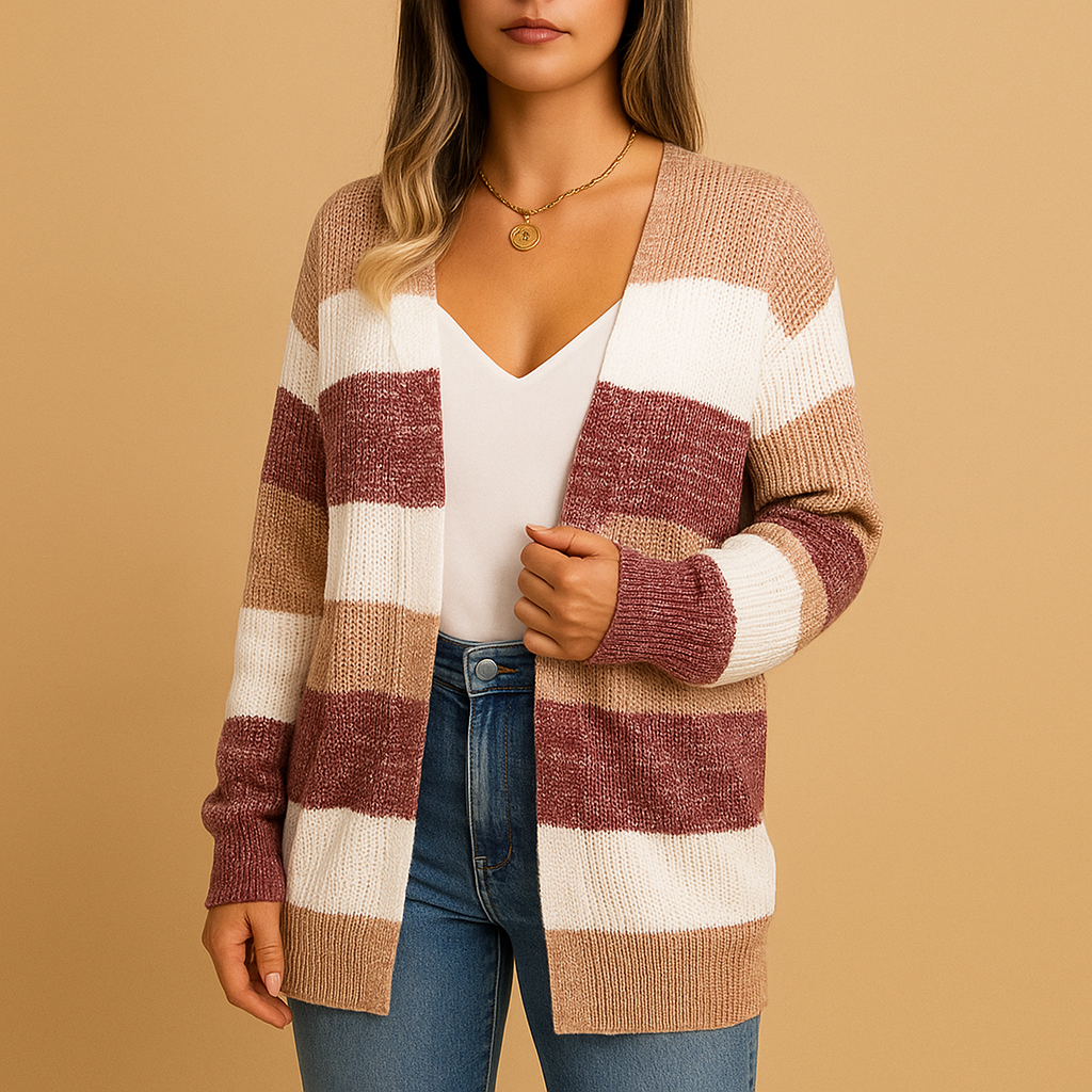 Cardigã comprido estampado de malha de mulher – Camada descontraída aberta à frente, com bolsos, para o outono e o inverno