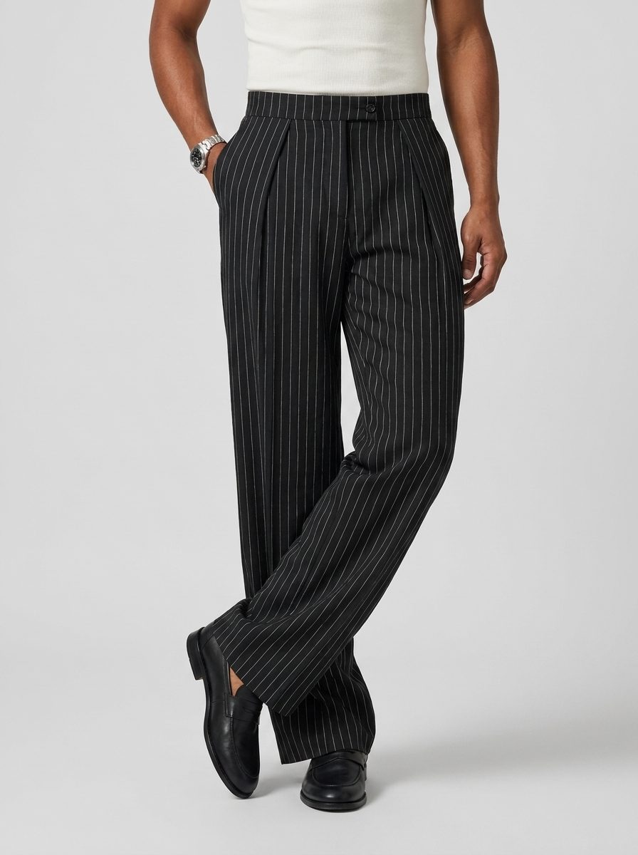 Pantaloni bărbătești cu dungi fine - pantaloni croiți cu pliuri și buzunare laterale, pentru ținute casual elegante și formale