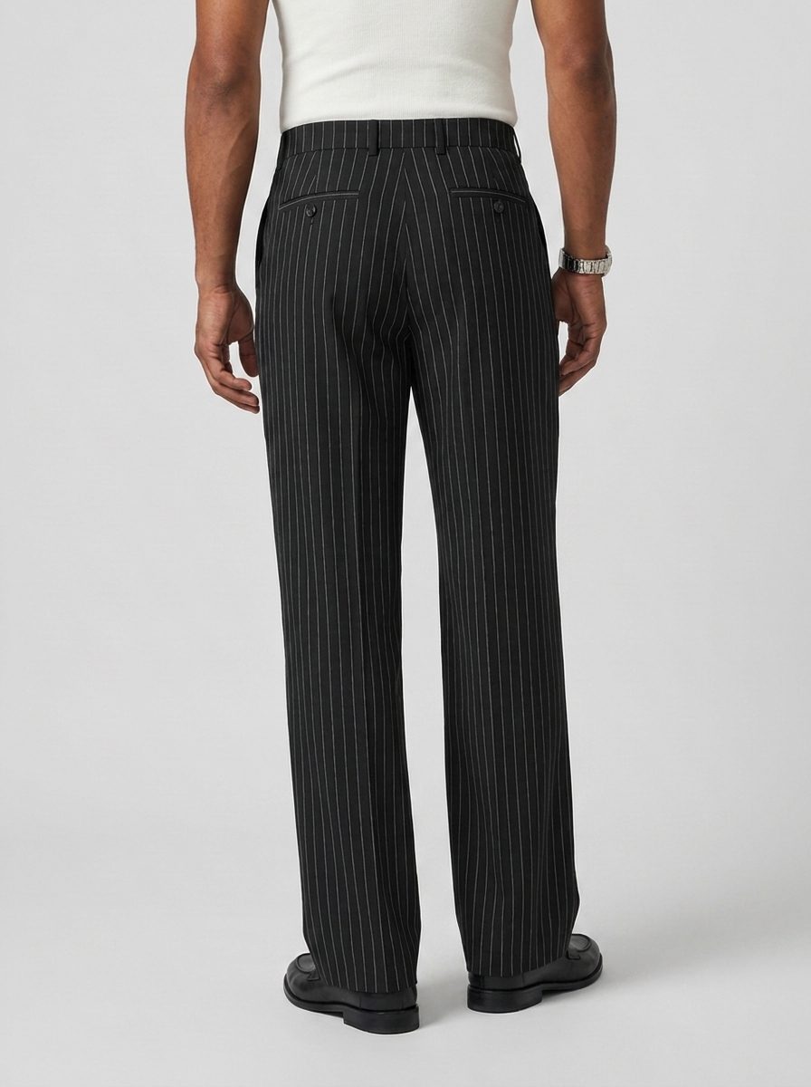 Pantaloni bărbătești cu dungi fine - pantaloni croiți cu pliuri și buzunare laterale, pentru ținute casual elegante și formale
