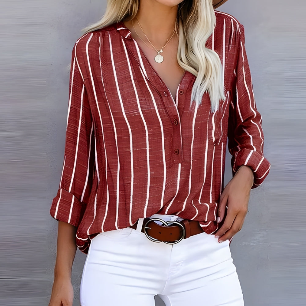 Women’s Striped Casual Shirt – Relaxed Roll-Sleeve Button-Up for Everyday Wear