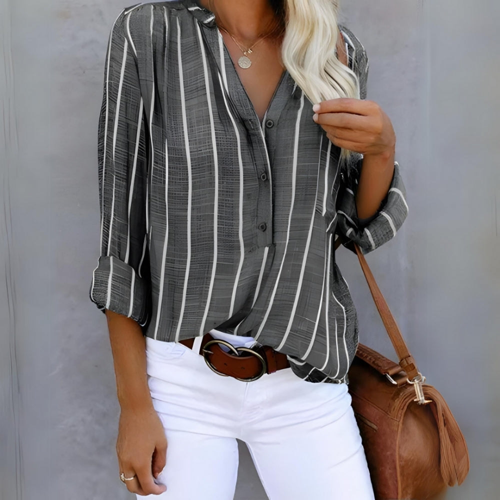 Women’s Striped Casual Shirt – Relaxed Roll-Sleeve Button-Up for Everyday Wear