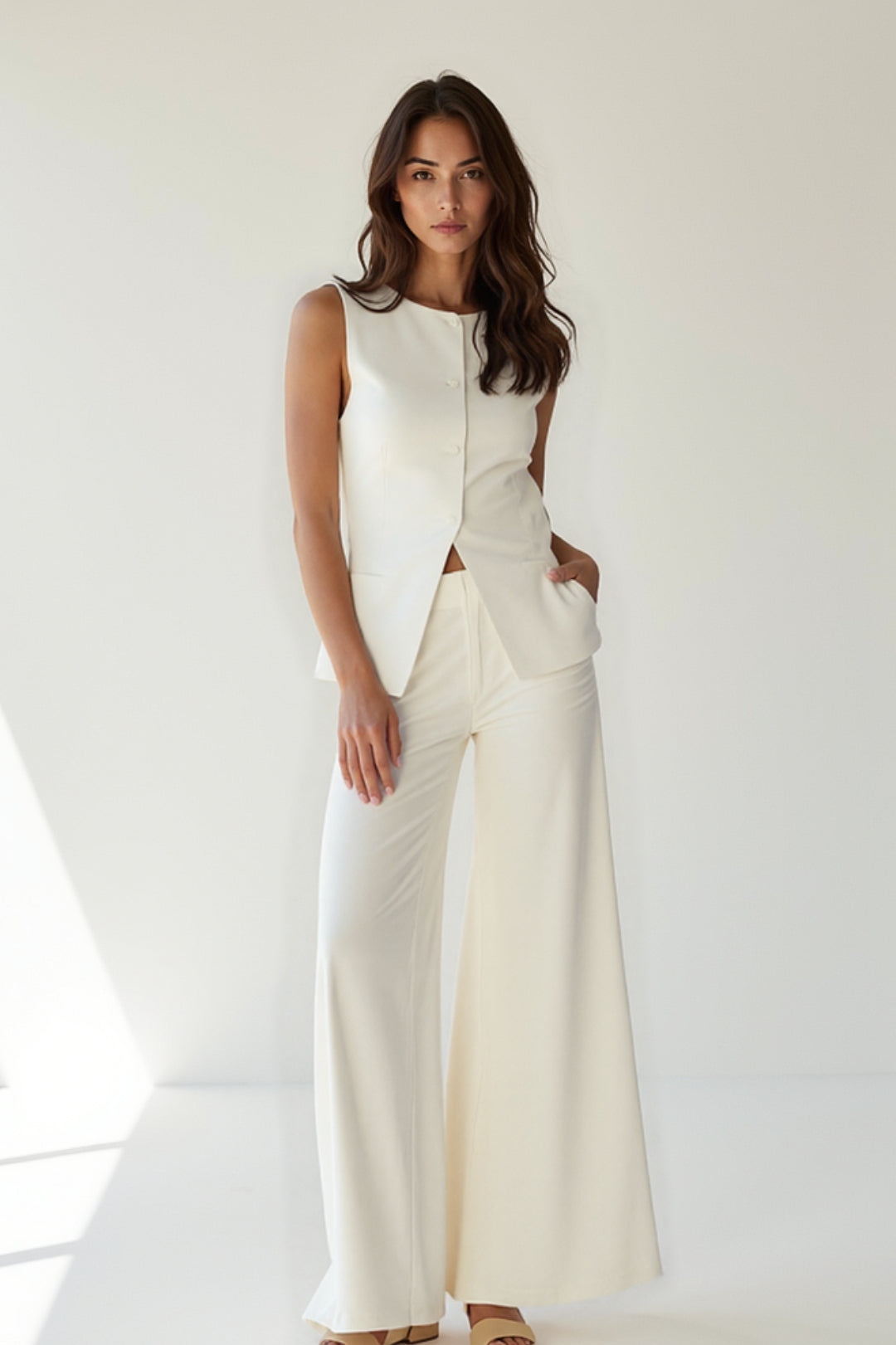 Conjunto de chaleco entallado con botones delanteros y pantalón de pierna ancha para mujer