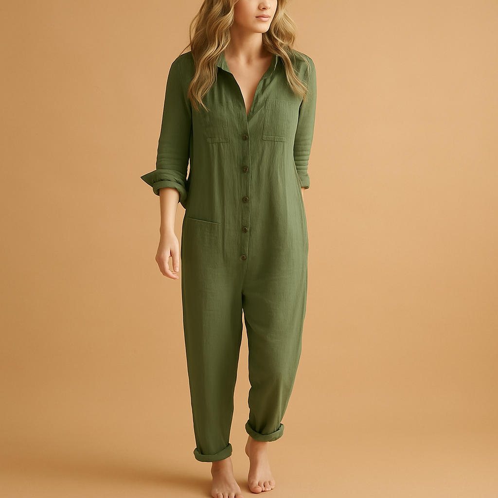 Women’s Button-Front Collared Jumpsuit – Relaxed Long Leg Style for Casual and Smart Everyday Wear