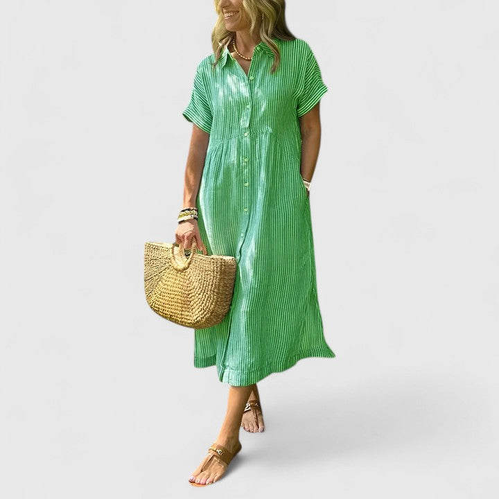 Abito midi da donna dalla vestibilità comoda – modello stampato con bottoni sul davanti e tasche, per l’estate