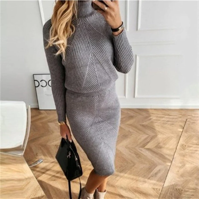 Dámská souprava z žebrovaného úpletu s výrazným směrem - svetr s výstřihem do V a dlouhými rukávy s přiléhavou midi sukní pro elegantní ležérní styl