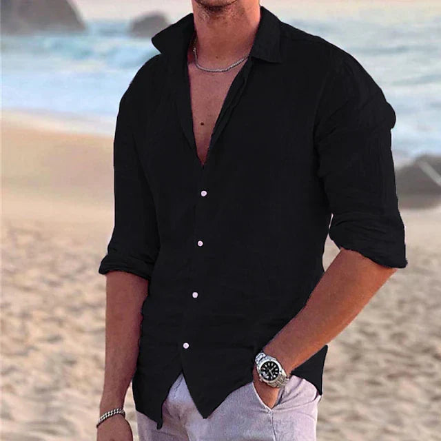 Camisa veraniega entallada de manga larga para hombre - Camisa ligera con botones para vacaciones y el uso diario informal