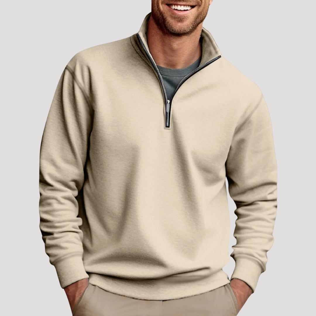 Sweatshirt til mænd med halv lynlås - langærmet pullover med ståkrave og kontrastdetalje ved lynlåsen til afslappet hverdagsbrug