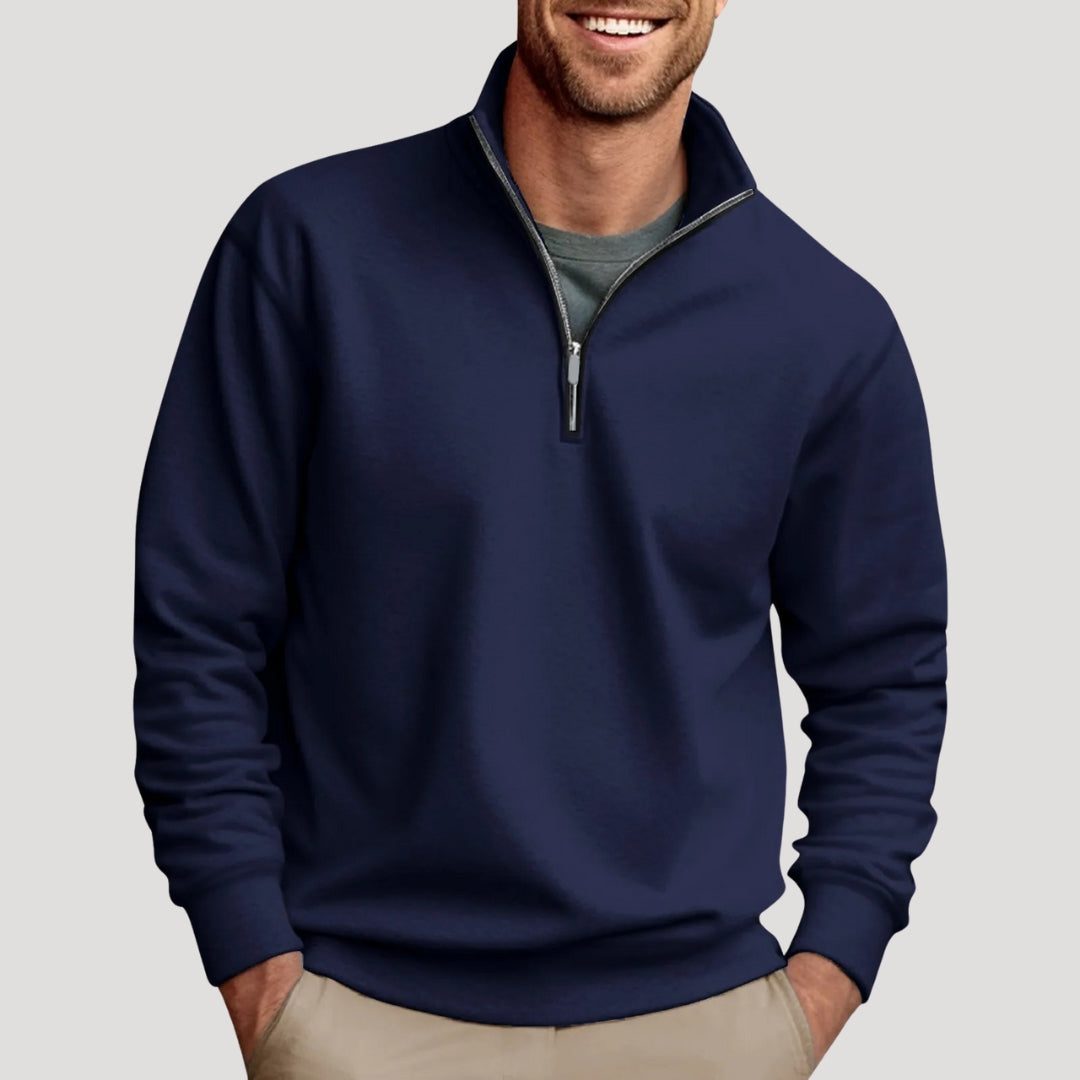 Sweatshirt til mænd med halv lynlås - langærmet pullover med ståkrave og kontrastdetalje ved lynlåsen til afslappet hverdagsbrug