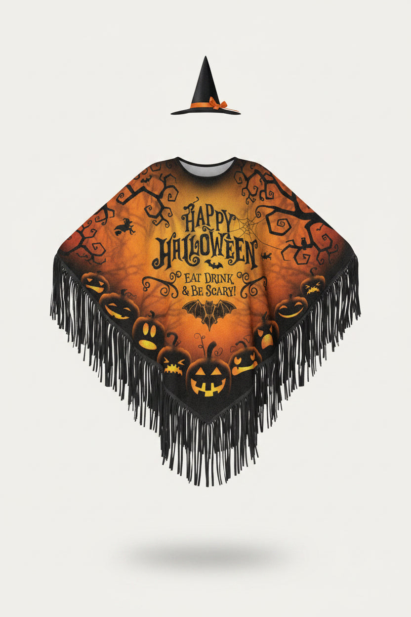 Iloista halloweenia -noidan poncho- ja hattuasuetti
